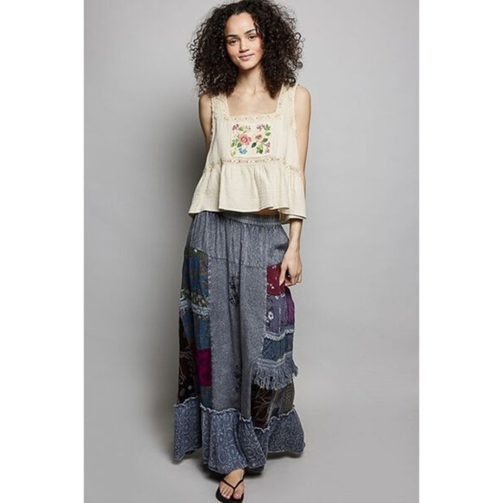 Boho Patchwork Maxi‎ Skirt Grey Floral Lace Fringe Ruffle Hem Festival Gypsy
